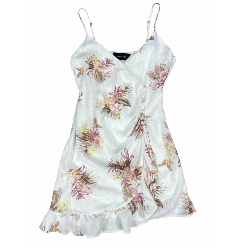 Minkpink Floral Draped Babydoll Mini Dress Womens XS White Summer Coquette Chic
